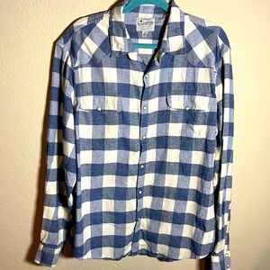 Lucky Brand Western Blue & White Plaid Pearl Snap Flannel long sleeve Shirt M